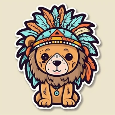 cute lion indian chief, sticker, kawaii style, vector clipart, black outline