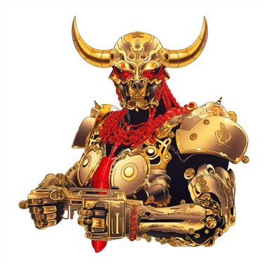 The image protrudes from the bottom edge. realistic picture of A red robot gold bull warrior tatoo on the arm wearing a black shirt with a necklace and sunglasses slung over a firearm. all white background minimal simple clip art