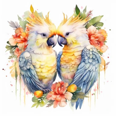 watercolor clipart, two Cockatiel Parrots in love with tropical gardens, sweet hearts around, watercolor sublimation design, Sublimation Clipart, hyper realistic, intricate detail, illustration style, isolated on white background for removing background, Super-Resolution, Megapixel