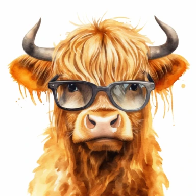 Illustrate a lovable baby Highland cow with sunglasses in a nursery kids' style watercolor clipart, capturing its innocence and creating a high-quality, ultra HD image.