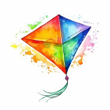 watercolor colorful clipart of a colorful kite flying, hd, on white background