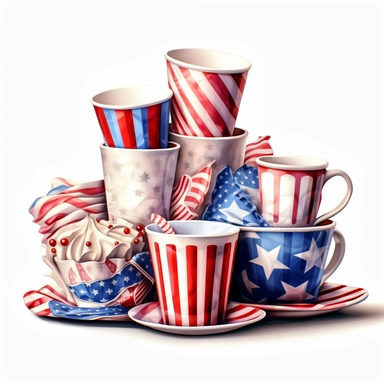 painting of 4th of july,patriotic cup,paper cup,coffe cup and more cups togather,hyper realistic,style by art nouveau,indipendence day,red white and blue,celebrate freedom,patriotism,clipart white background