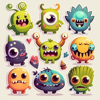 10 cute monster stickers collection, clipart design, cartoon, 4k, white background