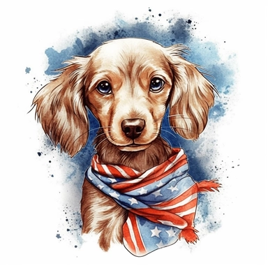 watercolor clipart illustration of a dachshund wearing a bandana, red white and blue, hand painted details, clean and simple designs, solid background color, spaced out