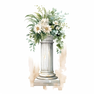 watercolour beautiful realistic white floral real wedding flower spray on roman pillar tall stand realistic elegant wedding floral display stand with white glitter wedding flowers ,build a family style clip art illustrated clip art graphics , PNG image,transparent background ,ultra highly detailed, 18k, sharp focus, bright photo with vibrant colours, digitally enhanced,photographic, enhanced graphics, png format, straight, sharp focus, bright lighting, intricate detailed png image ,high definiti