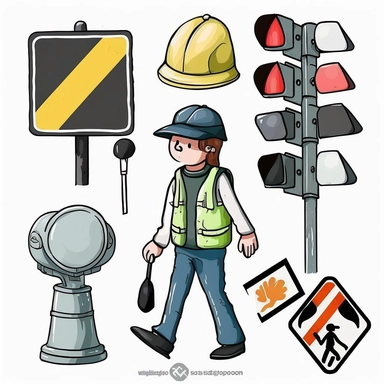 crosswalk guard elements clipart,Stop sign ,Whistle ,Hand signals,Cone ,Clipboard ,Hat,Walkie-talkie,Backpack ,Safety lights ,Training materials,school crosswalk ,crosswalk sign,2d cartoon illustration watercolor ,white background