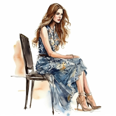 A tall girl with very long wavy hair walking like a model. She is dressed for hollywood gala night. She is sitting at the table in expensive restaurant. Paint is in detailed watercolour on white background, clipart