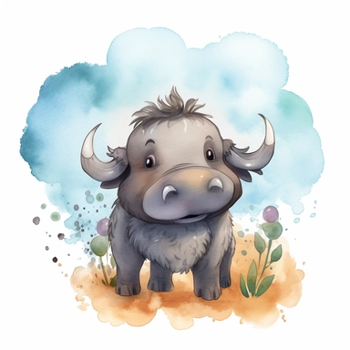 watercolour Happy Buffalo Cartoon Clipart, Cute, no text