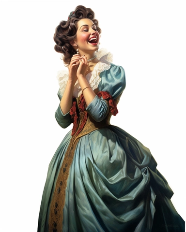 detailed happy beautiful lady , dressed in a victorian vintage dress laughing and covering her mouth, hyper realistic, 8k, isolated on white background, clipart