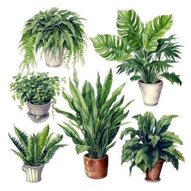 BOSTON FERN, DWARF DATE PALM, SPIDER PLANT, CHINESE EVERGREEN, DEVIL’S IVY, BROADLEAF LADY PALM, PEACE LILY, BARBERTON DAISY, watercolor, Object, vector collection, clipart, 8k, white background.