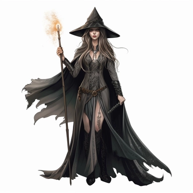 a realistic portrayed beautiful Female wizard standing firm i a gothic fantasy world, clipart