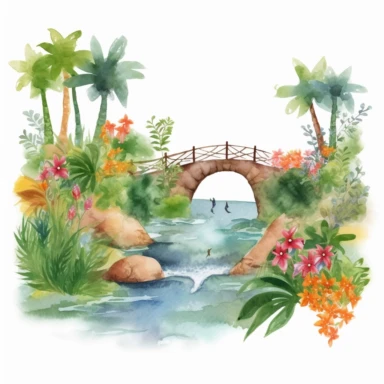 Design a watercolor jungle river clipart scene, with a winding river flowing through a lush tropical landscape filled with vibrant flowers and foliage on a white background. This adventurous design can be used to enhance various clipart elements or as a standalone decoration for exploration or nature-themed projects.