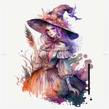 Clipart, beautifull witch in a watercolor, in the style of artgerm, soft and dreamy tones of pastel colors, detailed costumes and fashion, sheet film, uhd image, free brushwork, transparent/translucent medium, Nita Engle, Anne Kullberg, Yee Chong, Larissa Ria Loomans, charming character illustrations, white solid background