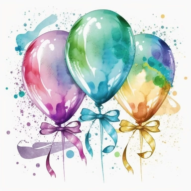 Watercolor clipart of 3 colorful balloons with spinning ribbons and bowknots on each balloon. The clipart features vector illustration with a symmetrical design on a white background. There is no text, watermark, extra ribbon, blurring, ugliness, or deformities present. v4