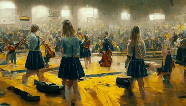 five cheerleaders are dancing in the high school's gym in front of many young students sitting on bleachers. Kurt Cobain plays the Cello. A man cleans the floor. Inspired by Nirvana's video clip. like in a Pierre klossowski painting. 4k