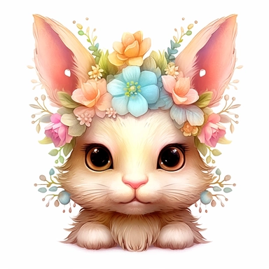 Kawaii Pastel Bunny Clipart floral dreamlike, Cartoon, hyper realistic, intricate detail, illustration style, high resolution, on the white background
