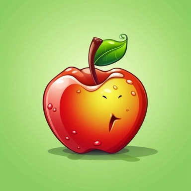 Create a colorful cartoon-style clipart of a shiny apple with a plain, high-contrasted background. Make sure the apple looks juicy and crisp, with shades of red and green to add depth and texture. The apple should have a playful and cheerful expression that matches the overall cartoon-like style. This clipart would be ideal for educational materials, food-themed presentations, or any project that calls for a fun and delightful visual element.