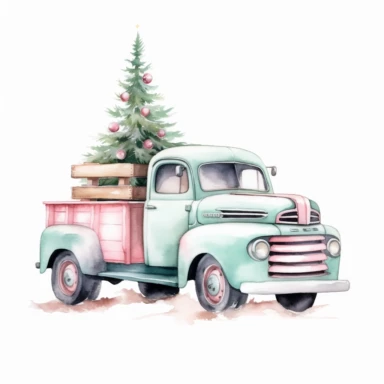 watercolor vintage pink and light mint colored christmas truck with tree leaning in the bed of truck clipart