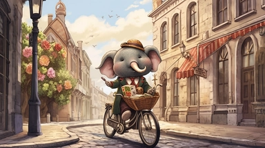 A whimsical chibi-style illustration showing a dapper elephant, trunk swinging in rhythm as he rides an antiquated, large-wheel bicycle. The tuba he carries lets out melodious notes, adding to the jubilant ambiance. The backdrop, a cheerful vintage townscape with cobblestone streets and quaint houses, adds to the storybook charm. Created digitally with a Wacom Cintiq Pro using Clip Studio Paint, utilizing watercolor and pencil brushes for a warm, hand-drawn look