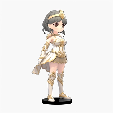 SD 2d vector female game character, white and gold theme, light dress armor with gloves, decent detailed cloth and armor, sticker, outline, clipart, white background, side view