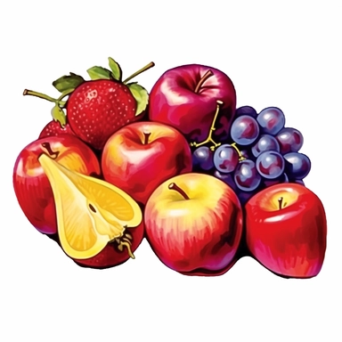 watercolor painting of a bunch of different types of fruits, in the style of red and purple, applecore, creative commons attribution, energy-filled illustrations, ferrania p30, light yellow and red, iso 200 Clipart desert cartoon t-shirt graphic, vector,contour, isolated on a white background