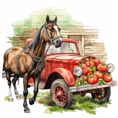 a beautiful horse carrying tomatoes, watercolor clipart & clip art, in the style of light red and dark gray, narrative paneling, classic american cars, uhd image, hand lettering, depiction of rural life, wood