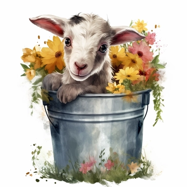 realistic watercolor cute baby goat sitting inside a bucket with 2 feet on the edge peeking out, with flowers and grass around the outside surrounding of the bucket, solid white background, clipart