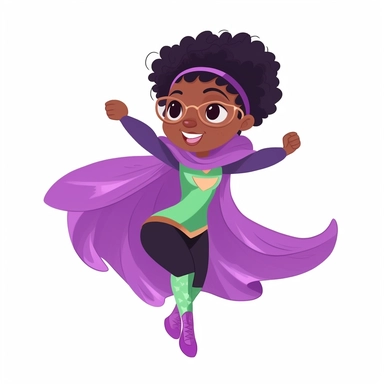 a superhero in action in pink and purple, flowing cape, a happy black baby GIRL, with bun hairstyle, smiling, flat style clipart, white background