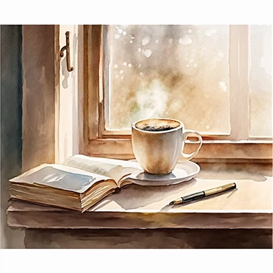 Mug of coffee with book steaming on bistro table near window beautiful light soft pastel watercolor clipart
