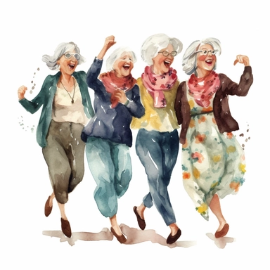 watercolor, clipart, cartoon style, funny old ladies dancing