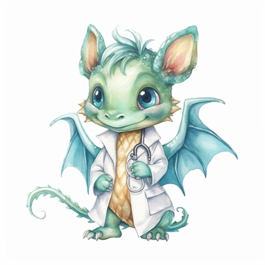 Cute happy Watercolor doctor Baby Dragon Clipart, on a white background--s 1000