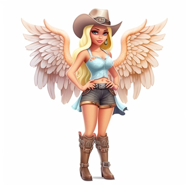 a beautiful fairy, cowgirl with boots and cowboy hat, cartoon, big wings, clipart, white background