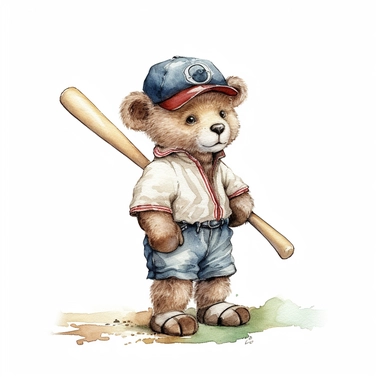 cute teddy bear wearing vintage baseball clothes and playing baseball on a baseball course on a great sunny day in Florida. Sublimation graphics, by Beatrix Potter, Watercolor clipart, single design, print on demand image, no watermark, PNG transparent background, white background, 8k