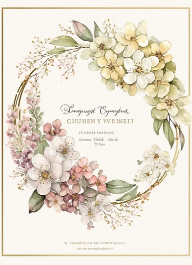 cherry blossoms watercolor wreath clipart, VINTAGE VICTORIAN STYLE, fairy style, muted color, accent gold color, watercolor touch, A cherry blossoms floral card with wildflowers, elegant, light, airy, fresh, classy, modern, minimalist design, no borders, the overall aesthetic exudes luxury and delight, no text or writing, includes blank space for text and writing, WHITE background, watercolor splashes, FOR CARD, hd, white background: