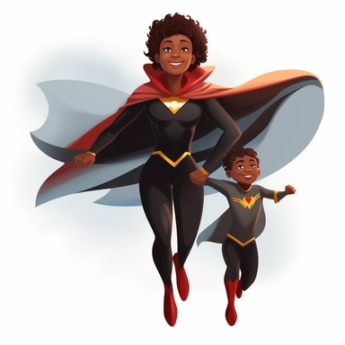 a comic-style, clipart image (floating image), full body image of a black mother and child duo where the child is the superhero's sidekick, wearing super suits