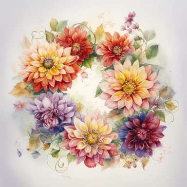 Watercolor Painting of beautiful multi - headed Dahlia Wreath FLOWERS on white background DETAILED ILUSTRATION, Flora Design Patterns, Flemish Baroque by Rachel Ruysch, Behance, Rococo, Intricate Detailed, Soft Light Effect, Oil Paint Strokes, Light Academia Aesthetic Flowers, Lighting cinematic, all shown shimmering stamens, tyndall light, texture, colorful, 8k, fantasy, ray tracing, vivid, spectacular lighting, octane rendering, highly detailed, ultra - realistic, white background, clipart