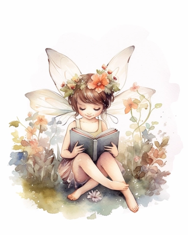 very simple watercolour childrens book style drawing of a cute fairy reading a book surrounded by flowers, pastel colours soft on white background for clipart, 8k