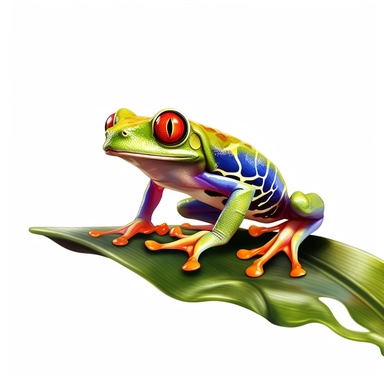 Red-Eyed Tree Frog on a leaf in the style of Salvador Dalí clipart white background