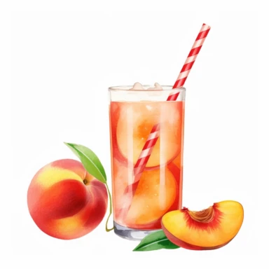 An Peach fruit with a straw inserted, as if ready to be juiced or drink, Watercolor, pastels, clipart, beautiful, colourfull, png transparent white background, high resolution, no caption q4 s2