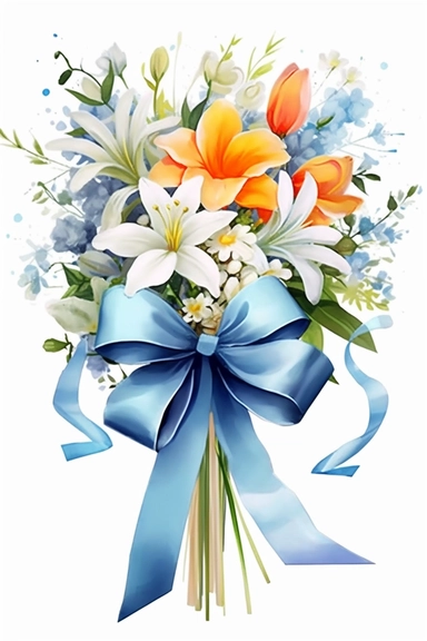 beautiful, bright colors, [Jasmine floral bouquet] with a blue tied bow ribbon, watercolor, cinematic, dramatic, realistic, very detailed, white background, clipart,