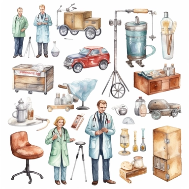 watercolor doctor related scenes , illustrations clipart set, simple, , cartoon elements ,different variants , glucometer, insulin syringe, nurse, doctor, stethtescope, mechanical body weighing scale, tweezers, microscope, ambulance, , separate elements with a margin