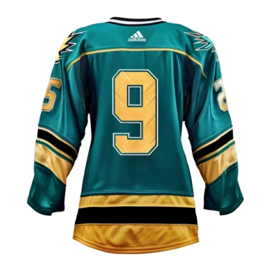 teal and gold colour ice hockey jersey from behind, white background, clipart style