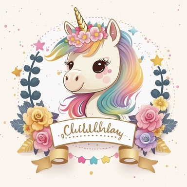 cute unicorn in chibi style with flowers in hair, colourful rainbow colours, well lite, with name plate ribbon with gold trim, watercolor clipart using procreate grain brush, svg white background