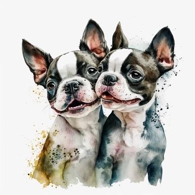 a watercolor painting of a happy Boston Terriers Puppies affectionate and tongue out, clipart, white background