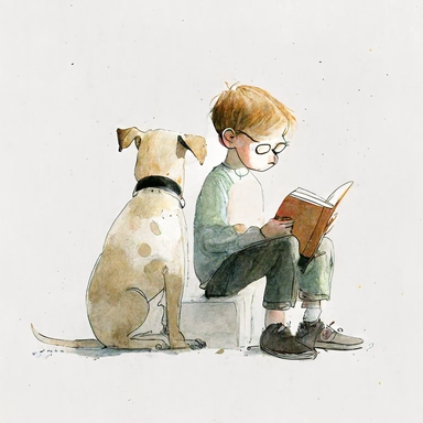 a dog sitting next to a young boy reading a book, watercolor and ink drawing, clipart, happy, gentle smile, beautiful watercolor ink wash coloring, thick pencil lines, Jon klassen, Adrian tomine, popular on etsy, watercolor illustrations clipart, watercolor illlustrations for kids and children, book illustrations, plain white background
