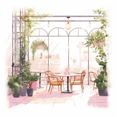 Dimetric illumination of a a cute small cafe inside with tables and spring pink flowers , french cafe, with plants plants, god rays, high quality, intricate design, clipart witchcore dreamcore cottagecore white background no text, isolated on white, ghibli style, award winning