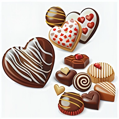 Valentine chocolate candy clipart, vector, on white background, heart shape cookies, hyper realistic, super detailed, photorealistic