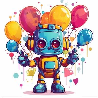 Design a clipart-style kawaii robot transformer with a vibrant color palette. The robot should have a simplified, geometric body and expressive eyes. It should be holding a bunch of colorful balloons and wearing a party hat. Ensure a high-quality image on a white background.