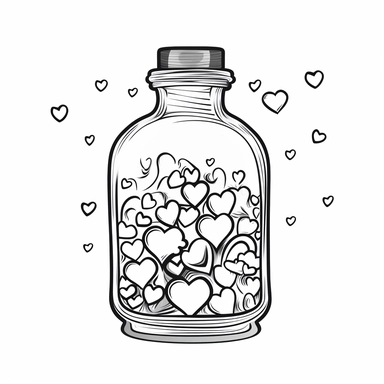 heart in a bottle, coloring page for kids, Maritim, 2d, simple, vector monochrome,simple Vector Line Art, white background, easy to color, cartoon, clipart, children’s drawing,low details, a4, 8k, white background