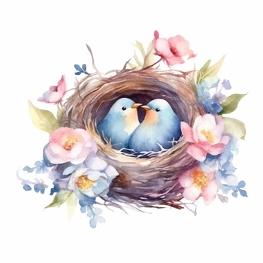 Watercolor nest Clipart, springtime, cute, Bird nest, flowers, blossoms, Spring